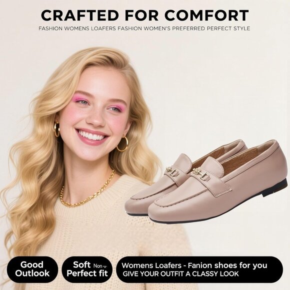 Women Nude Polyurethane Accent Buckle Leisure Slip On Walking Flats Shoes - Picture 2 of 9